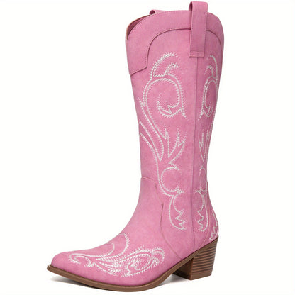 Pointed Toe Chunky 2.5" Heel Mid-Calf Boots with Hand-Stitched Navajo Embroidery