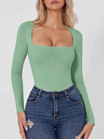 Square Neck Long Sleeve Bodysuit - Sleek Fitted Style - Fashions Envy