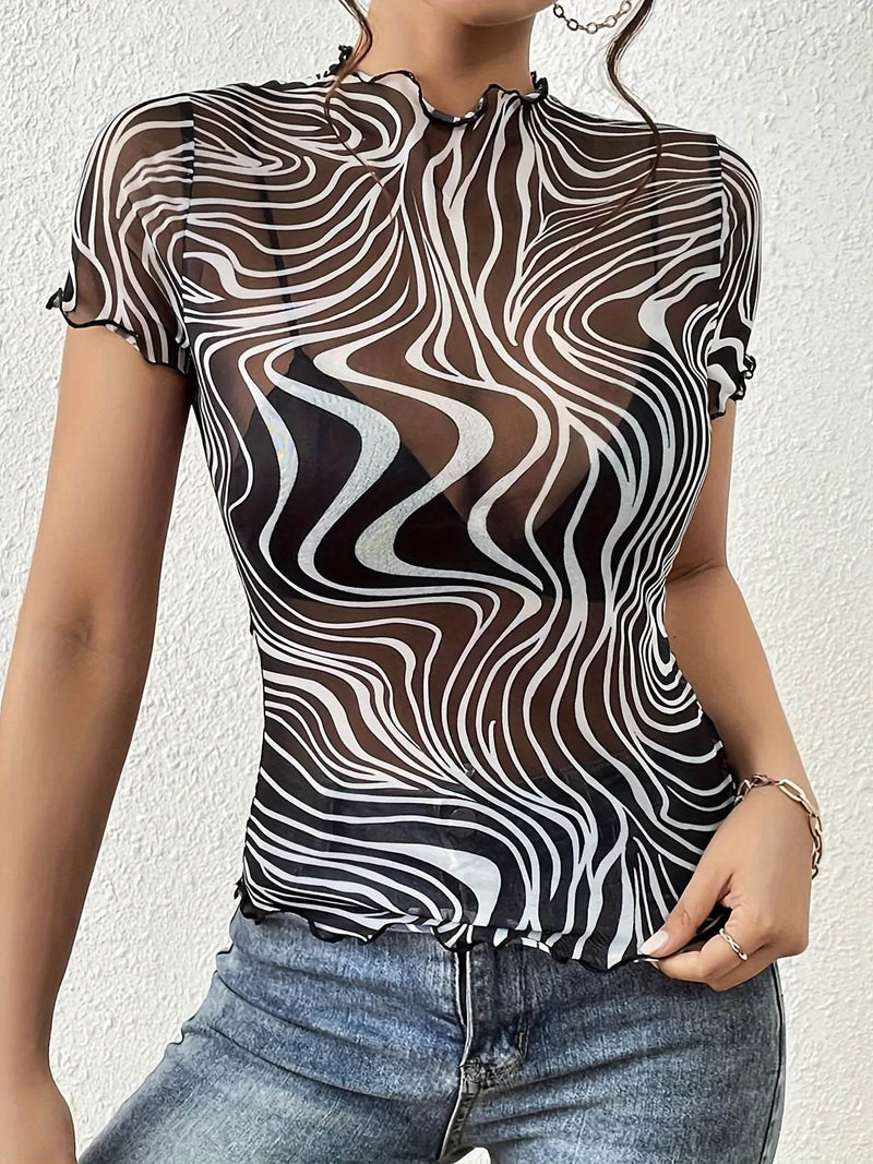 Psychedelic Wave Print Mock Neck T-Shirt - Mesh Statement Top - Fashions Envy