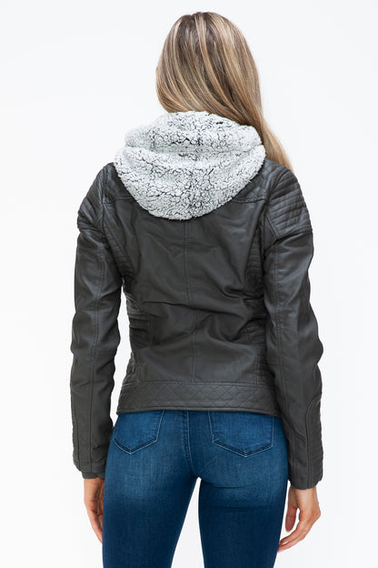 Charcoal Faux Layered Double-Zipper Jacket with Fuzzy Hood