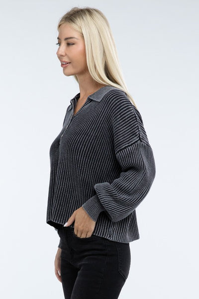 Ribbed Washed Collared Henley Sweater - Fashions Envy