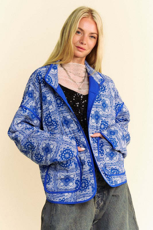 Blue Vintage Print Open Front Jacket with Pockets