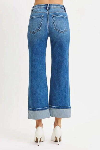 RISEN Full Size Mid Rise Crop Straight Cuffed Jeans Plus Size - Fashions Envy