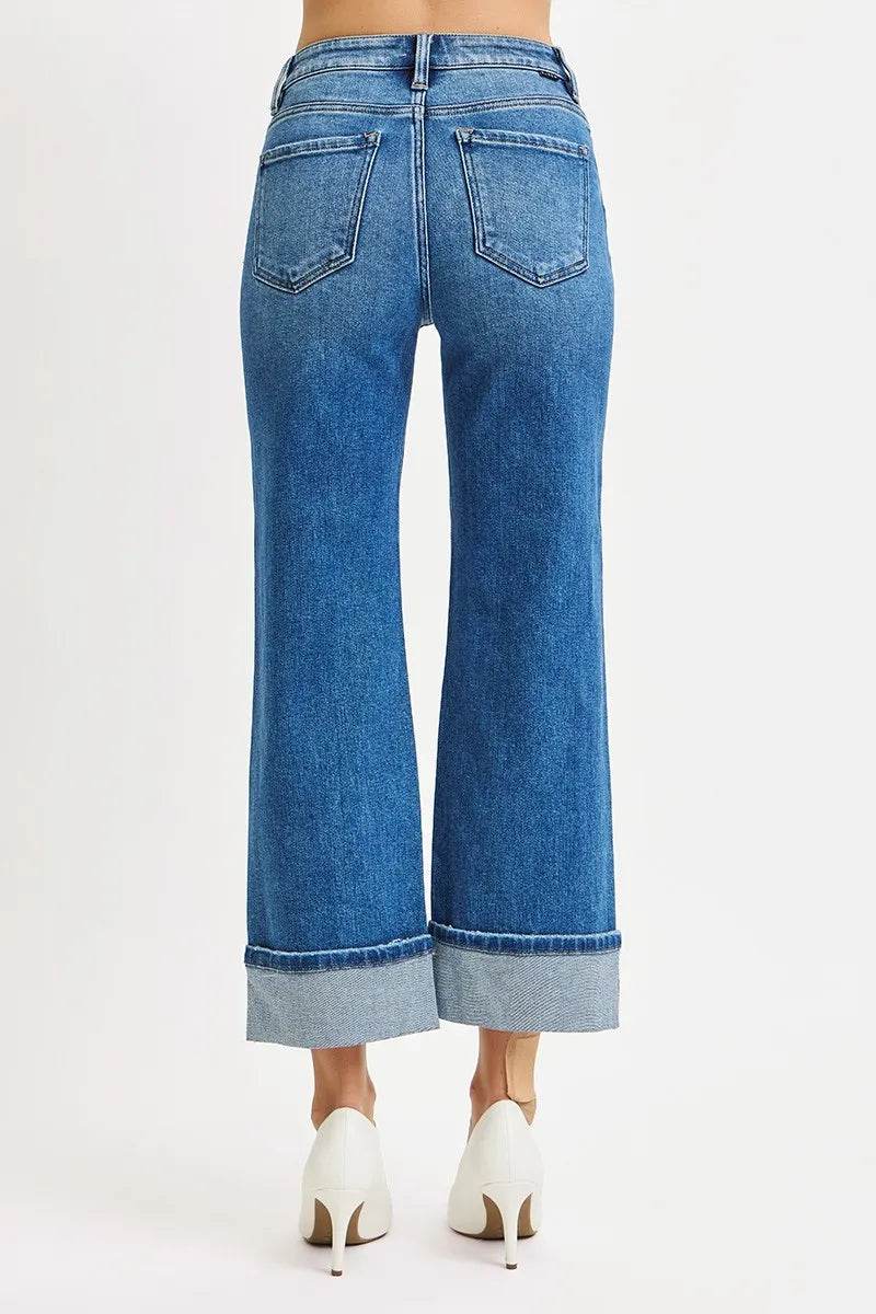 RISEN Full Size Mid Rise Crop Straight Cuffed Jeans Plus Size - Fashions Envy