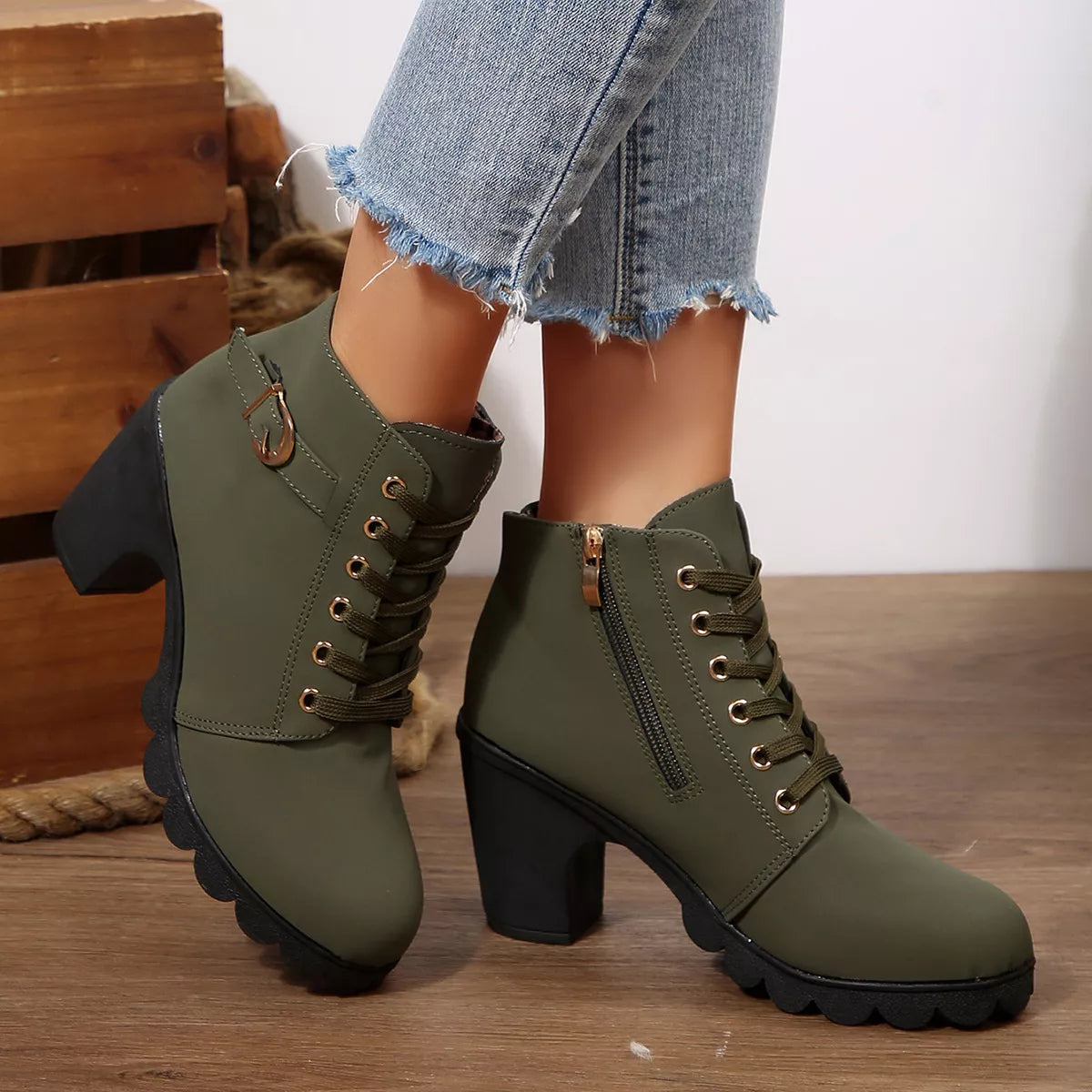 Lace Up Boots - Block High Heels - Fashions Envy