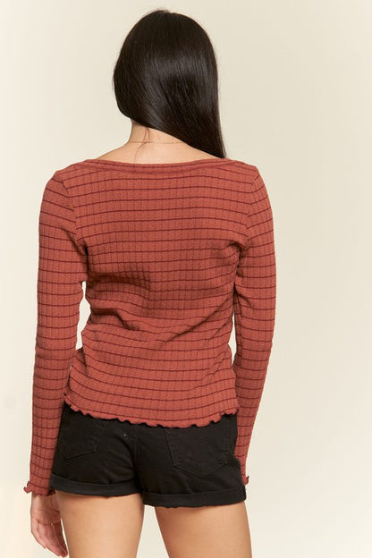 Ribbed Henley Neck Long Sleeve Basic Top