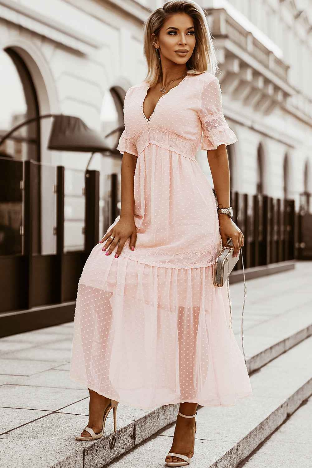Swiss Dot Ruffle Sleeve Maxi Dress - Pink Lace Trim