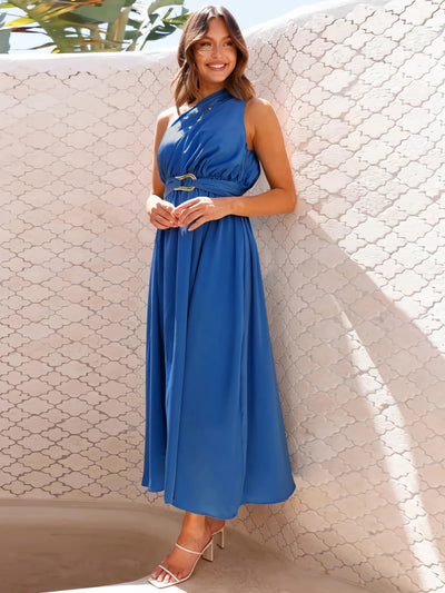 Ruched Single Shoulder Belted Midi Dress