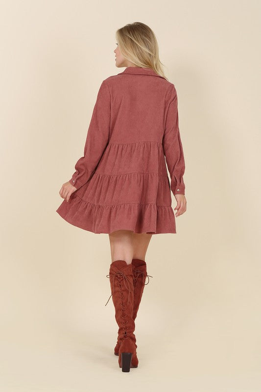 Corduroy Tiered Long Sleeve Mini Dress