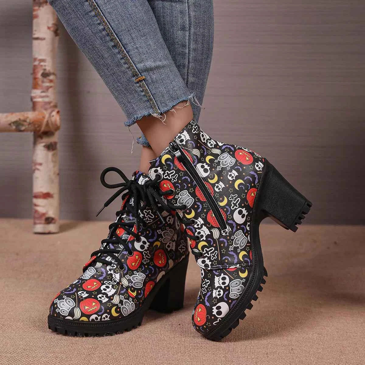Skull Print Chunky Heel Ankle Boots