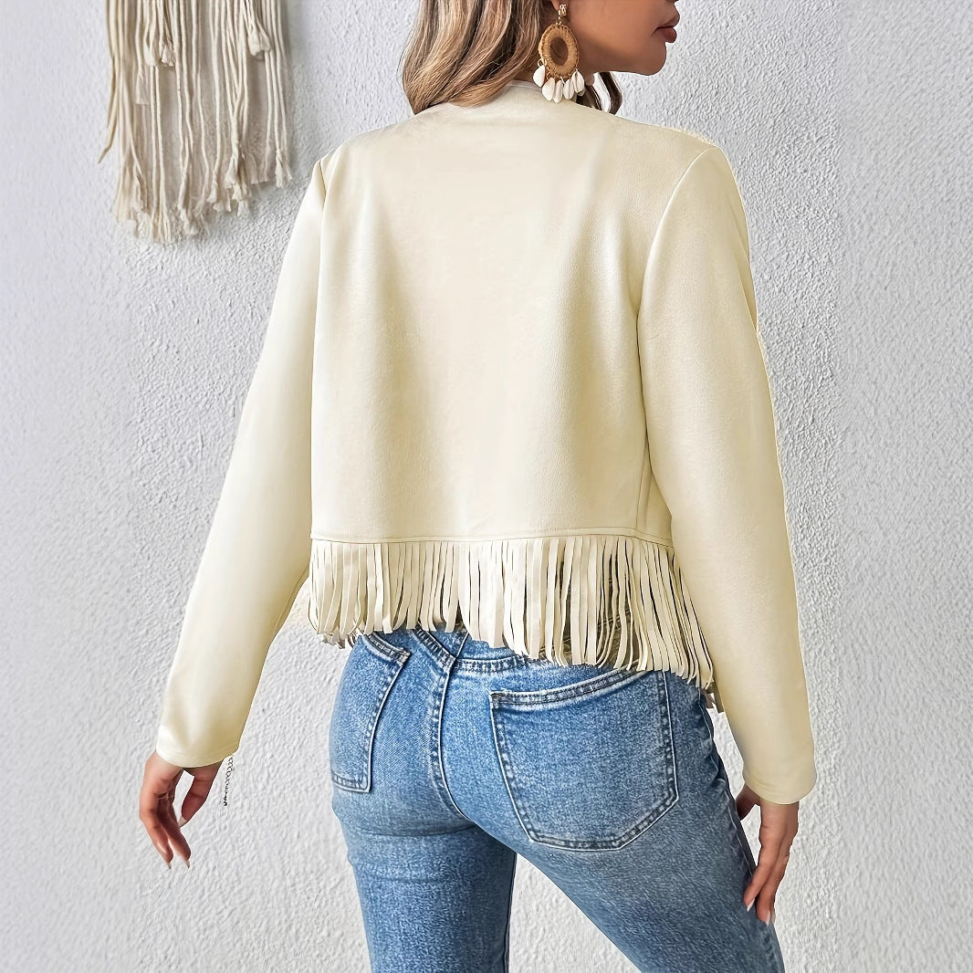 Elegant Solid Color Tassel Trimmed Front Open Jacket