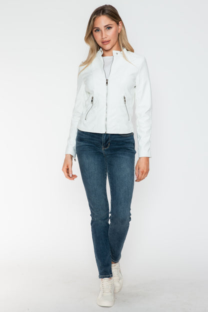 White PU Leather Zip Up Jacket with Pockets