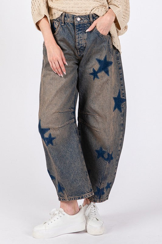 Dark Denim Star Wide Leg Jeans with Pockets