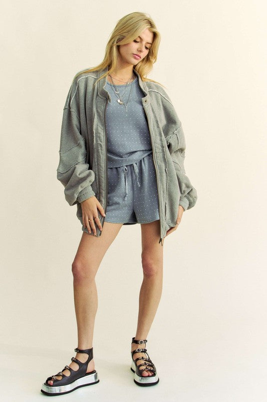 Grey Exposed Seam Zip Up Dropped Shoulder Jacket