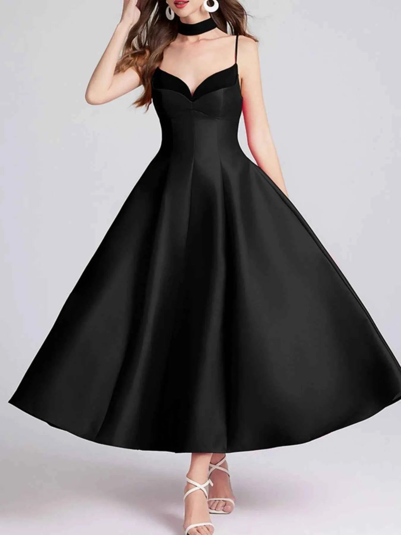Sweetheart Spaghetti Strap Midi Dress with Collar