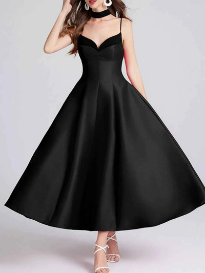 Sweetheart Spaghetti Strap Midi Dress with Collar