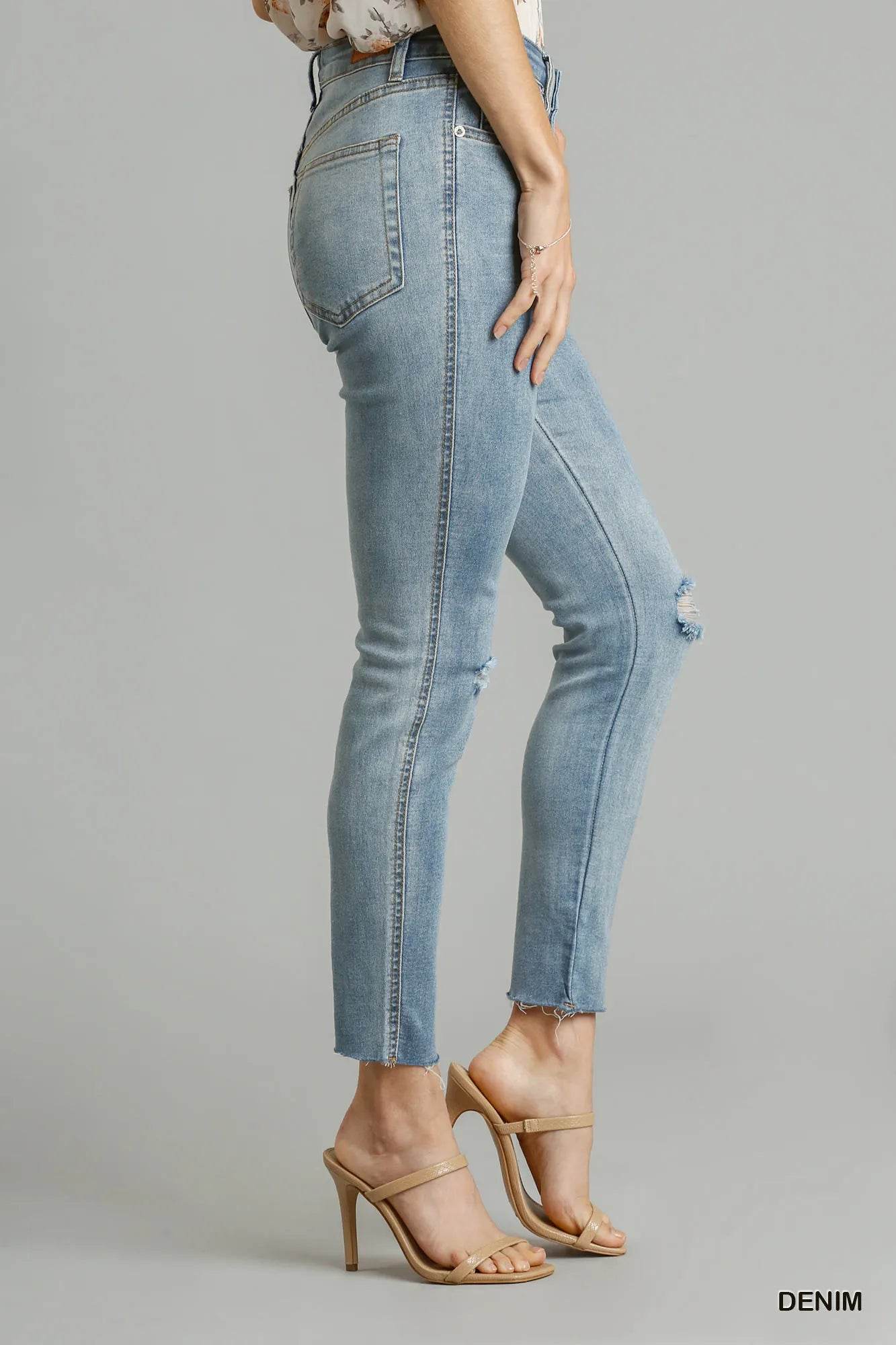 Umgee 5-Pockets Distressed Detail Stretch Denim Skinny Jeans with Unfinished Hem - Fashions Envy