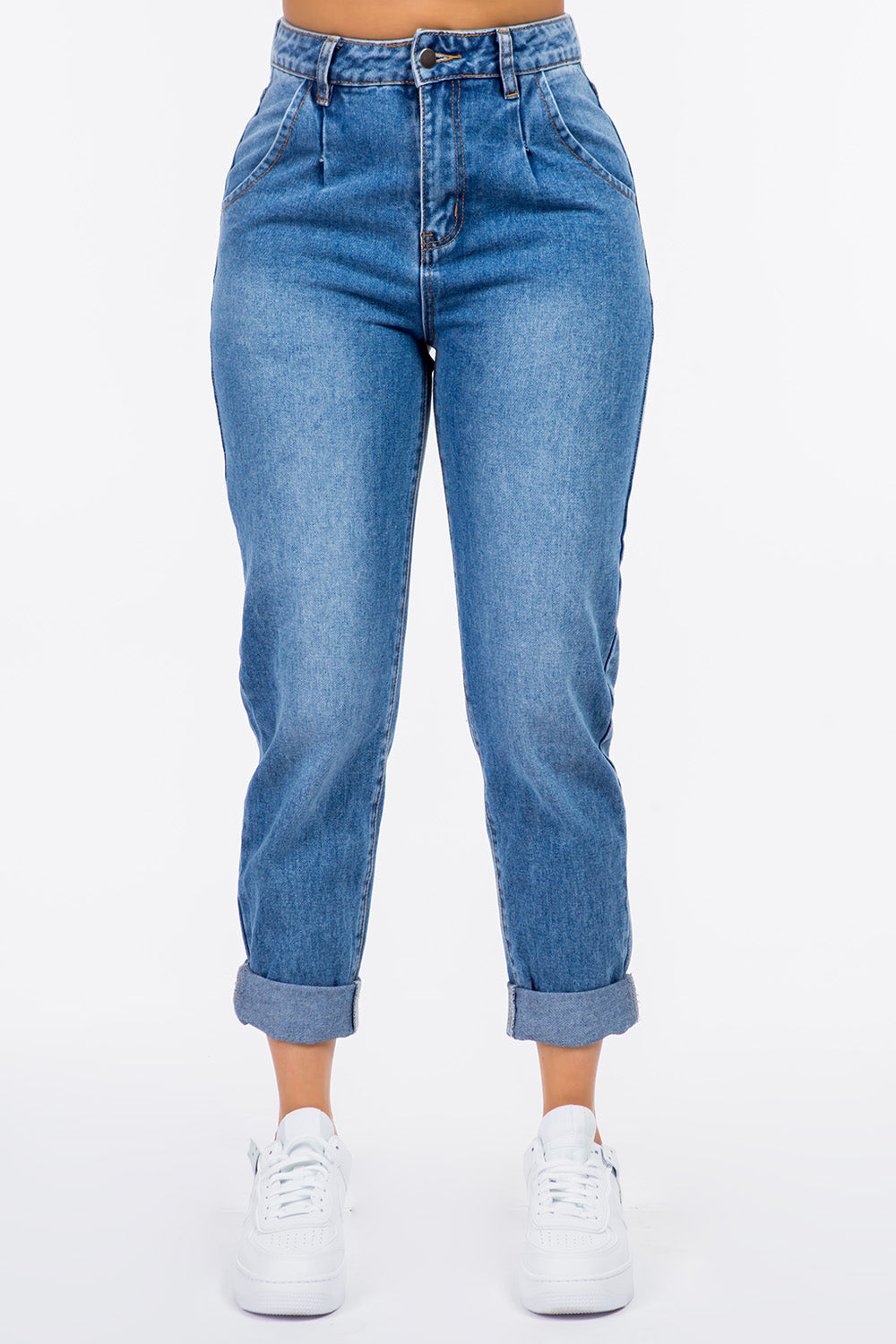 High Waist Pleated Waist Mom Denim Blue Jeans