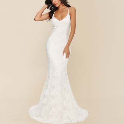V-Neck Wedding Dress - Elegant Trailing Bridal Gown