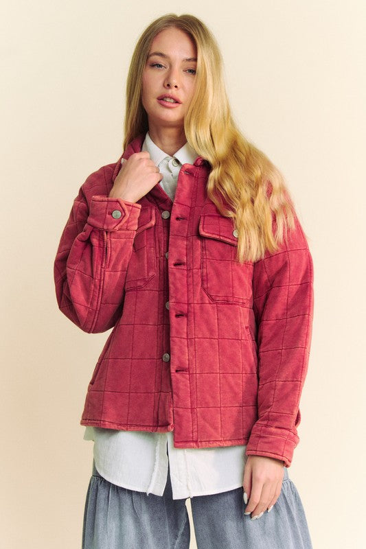 Brick Red Quilted Button Down Shacket with Chest Pockets