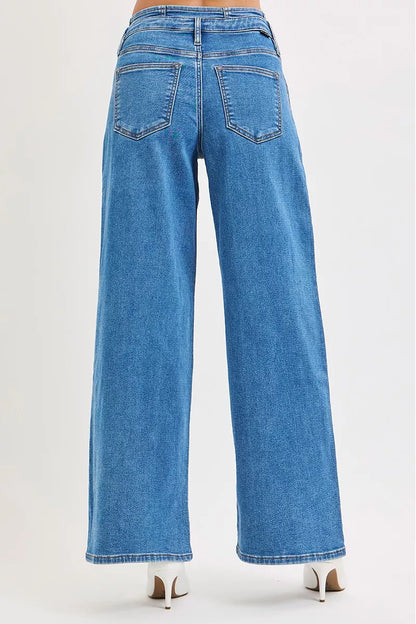 RISEN Wide Leg Jeans - Mid Rise Pleated Detail - Fashions Envy