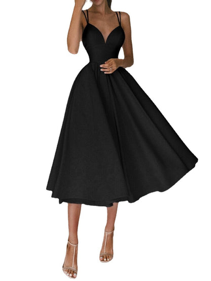 Elegant A-Line Maxi Dress in black with a fitted bodice and flowing skirt, perfect for formal occasions