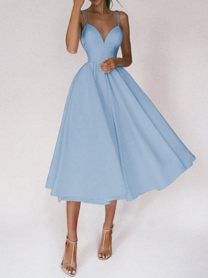 Elegant A-Line Maxi Dress in light blue with a flattering silhouette and adjustable straps