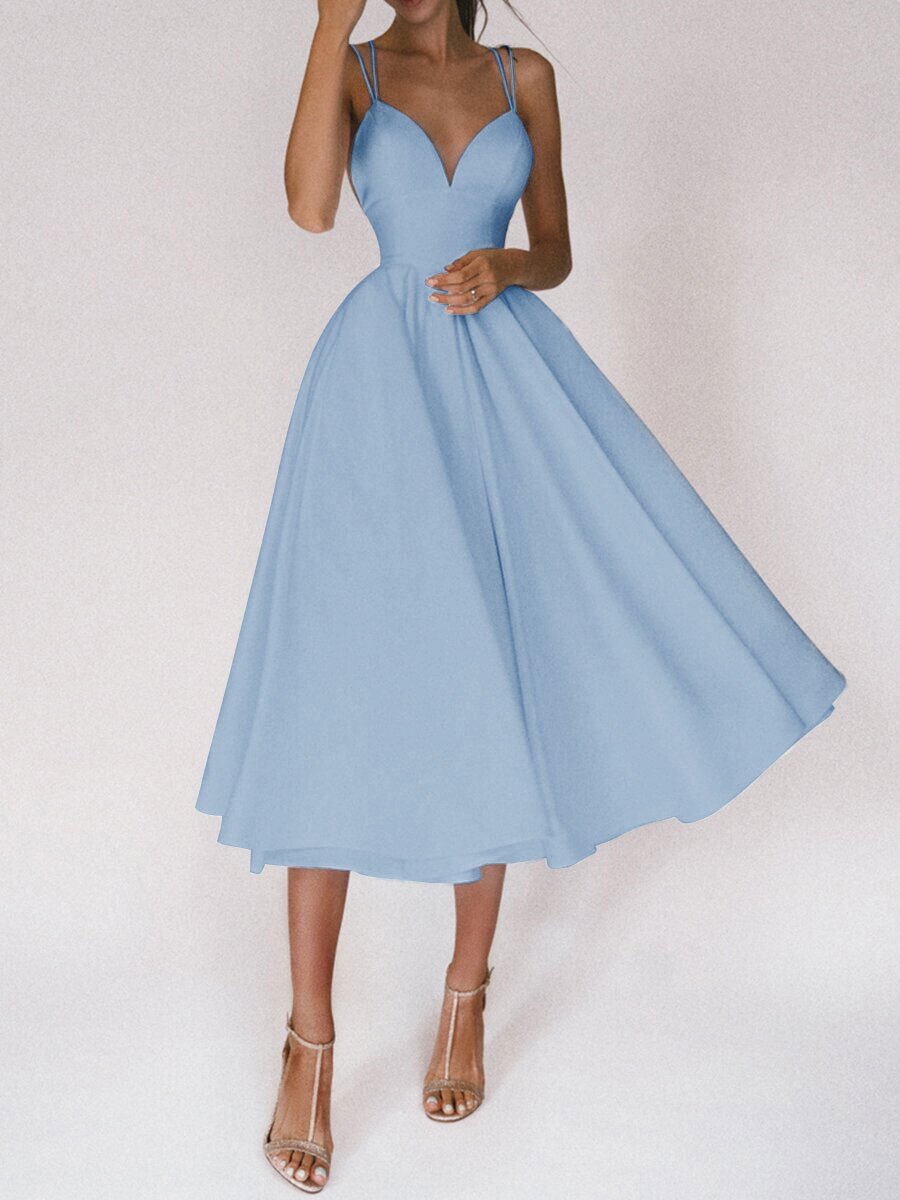 Elegant A-Line Maxi Dress in light blue with a flattering silhouette and adjustable straps