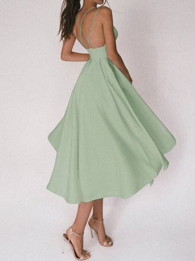 Elegant A-Line Maxi Dress in soft green with crisscross back straps for a stylish look