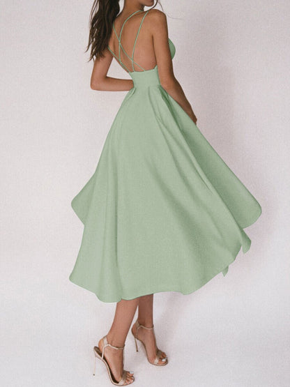 Elegant A-Line Maxi Dress in soft green with crisscross back straps for a stylish look
