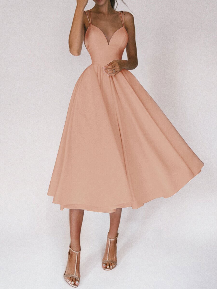 Elegant A-Line Maxi Dress in Soft Pink with Spaghetti Straps and Flowing Skirt for Femininity