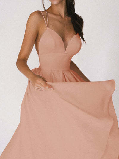 Elegant A-Line Maxi Dress in Blush Pink with Spaghetti Straps and Flowy Skirt