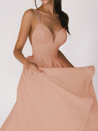 Elegant A-Line Maxi Dress in Blush Pink with Spaghetti Straps and Flowy Skirt