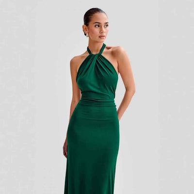 CJ Elegant Formal Gown in deep green with halter neck design, perfect for evening events