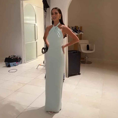 Elegant Formal Gown in Light Blue with a Halter Neck Design, Perfect for Special Occasions