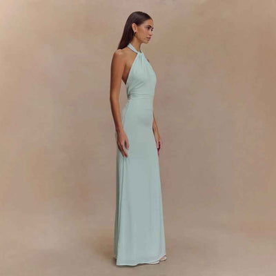 Elegant Formal Gown in Soft Mint Green with Halter Neckline and Slim Fit Design