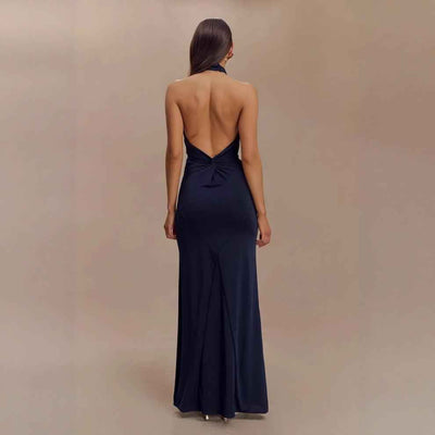 Back view of an Elegant Formal Gown with a halter neckline and fitted silhouette
