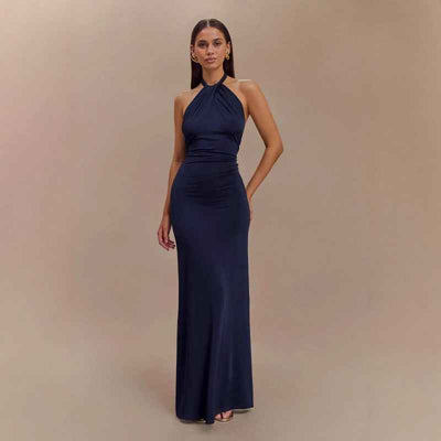 Elegant Formal Gown in Navy Blue with Halter Neck Design and Slim Fit Silhouette