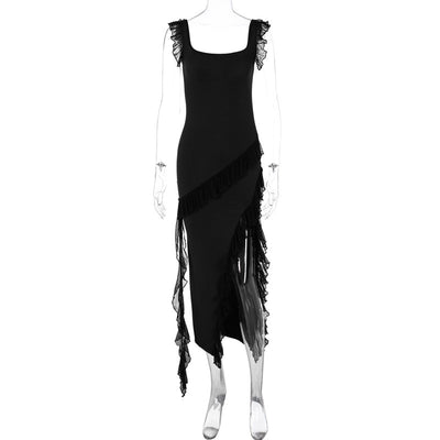 Elegant Ruffled Evening Maxi Dress in black with asymmetrical hem and sheer ruffle details