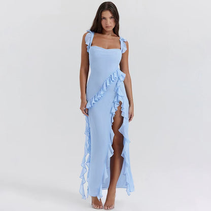 Elegant Ruffled Evening Maxi Dress in light blue with shoulder ties and thigh-high ruffle slit by Trendsi