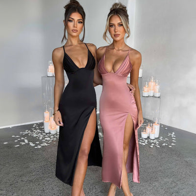 Elegant Satin Maxi Dress in black and pink with high slits and stylish neckline for formal occasions