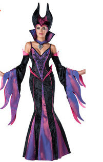 Elegant Villain Costume featuring a dramatic black and purple gown with flowing sleeves and intricate detailing