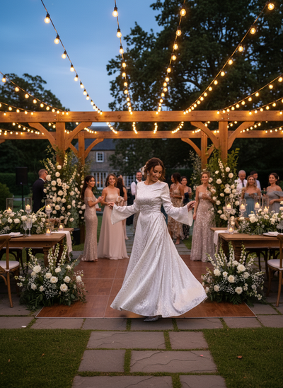 Elegant wedding reception with leopard lace-up maxi dress