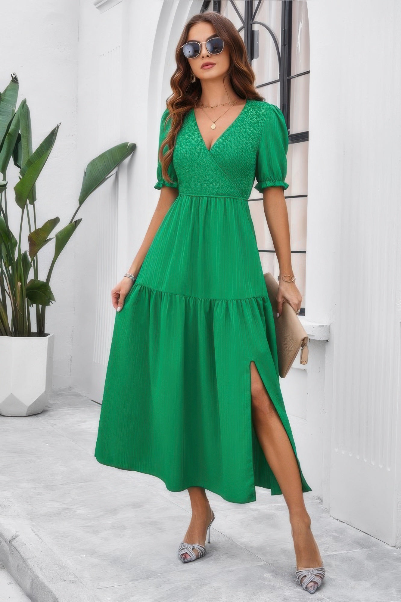 Green V neck High Waist Puff Sleeve Dress midi with side slit smocked waist and short puff sleeves