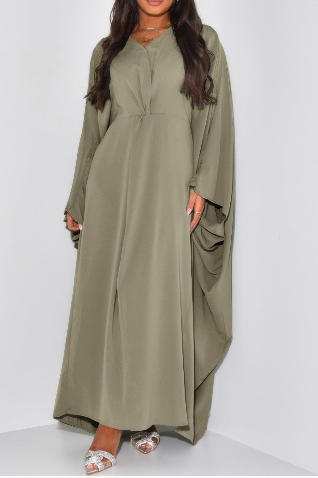CCWHOLESALECLOTHING olive draped sleeve loose fit v neck maxi dress on model with sandals