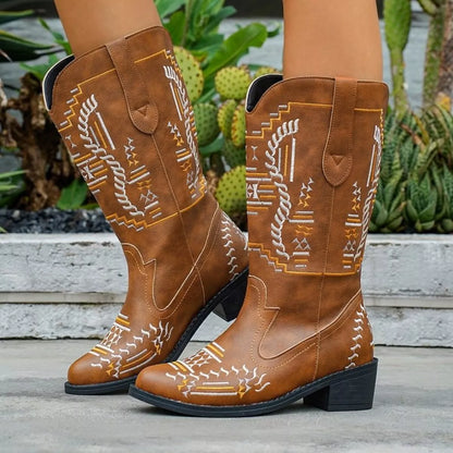 Trendsi Embroidered Western Cowboy Boots in Brown with Intricate Stitching and Low Heel