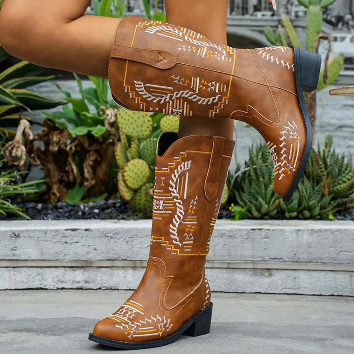 Trendsi Embroidered Western Cowboy Boots in Brown with Intricate White Stitching and Classic Design