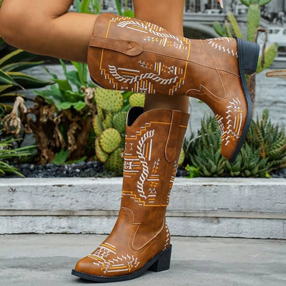 Trendsi Embroidered Western Cowboy Boots in Brown with Intricate White Stitching and Classic Design