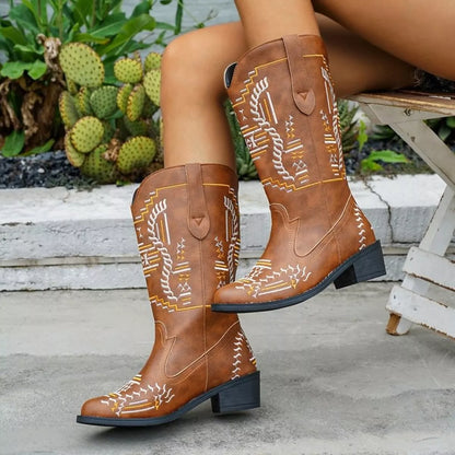Trendsi Embroidered Western Cowboy Boots in Brown with Intricate Stitching and Stylish Design