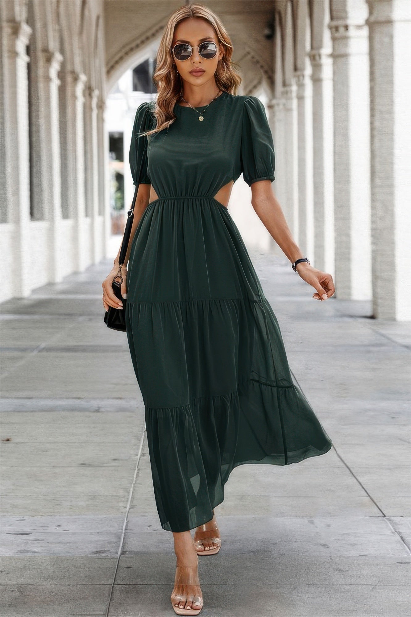 Puff Sleeves Fit Dress dark green midi with tiered skirt side cutouts elastic waist styled with sandals and sunglasses